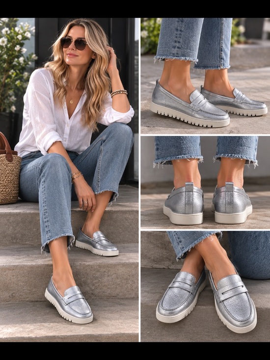 Vionic Shoes - Vionic - Leather Metallic Silver Slip-On Loafers for Women